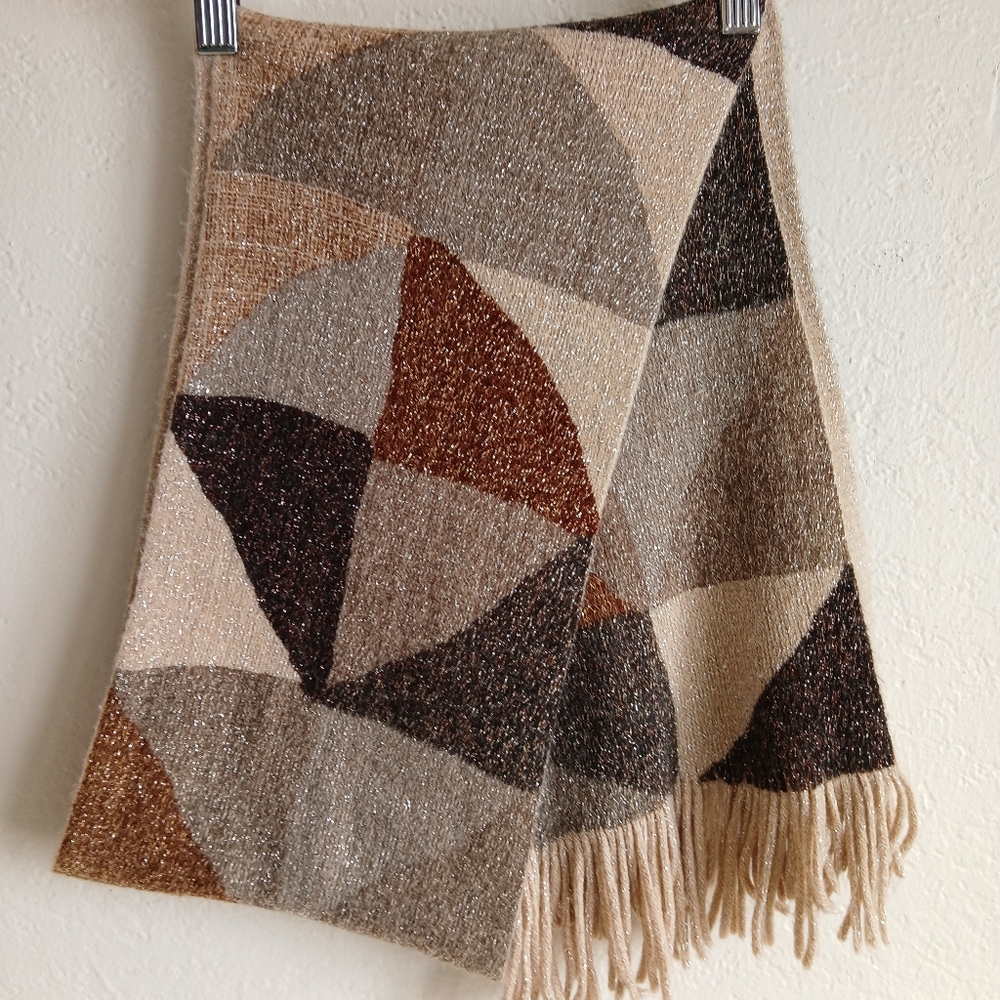 Echo Design Geometric knit Scarf Rectangle Fringe Brown Cream Silver Metallic